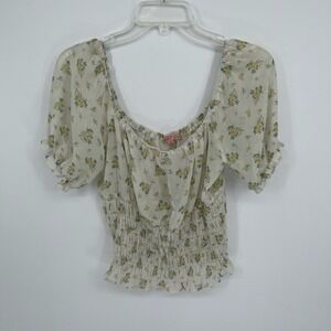 Rabbit Rose Women's White Floral Smocked Puff Sleeve Blouse Size Small